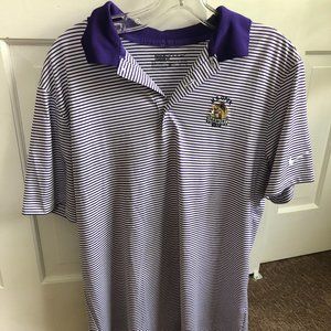 purple striped golf shirt